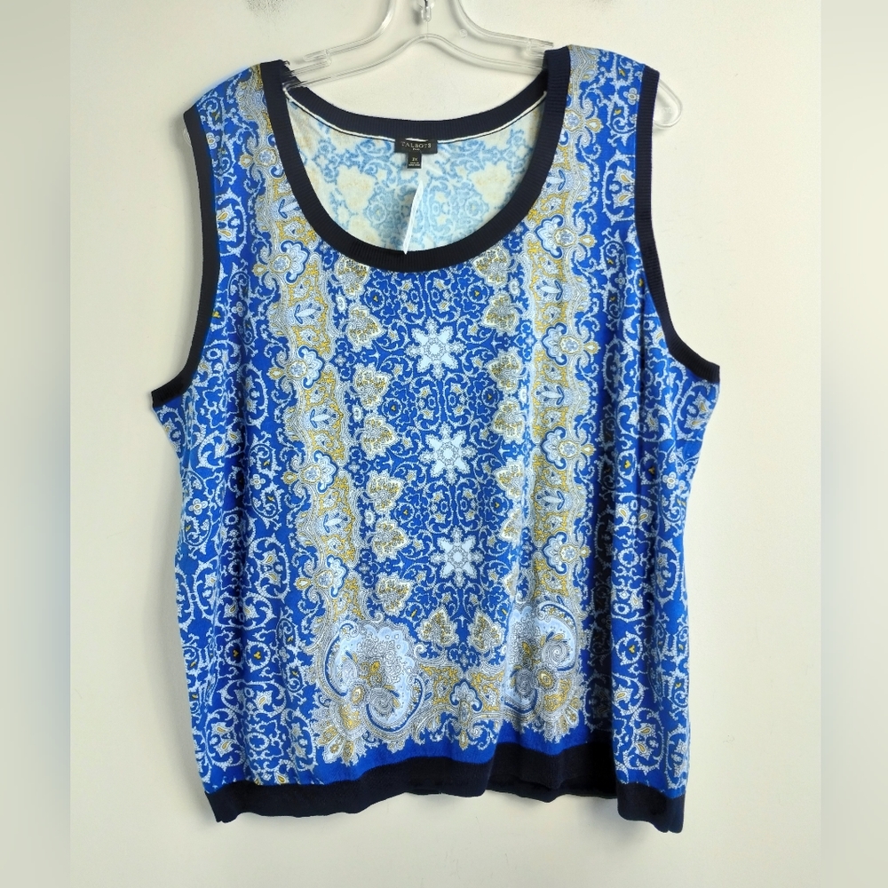 NEW Talbots Sleeveless Sweater Scoop Neck Pullover vest blue paisley print 3X